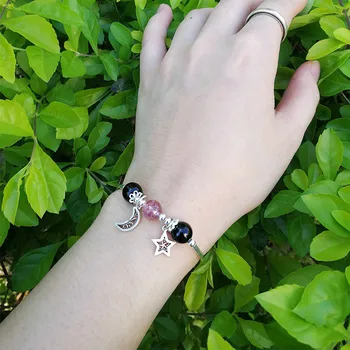 

s925 pure star moon Strawberry crystal Bracelet obsidian Transfer Bead bracelet Sterling Silver Bracelet Jewelry Girlfriend Gift