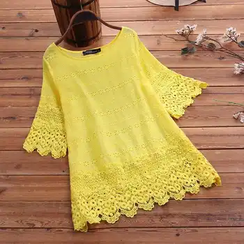 

Elegant Lace Tops Women's Embroidery Blouse 2020 ZANZEA Summer Hollow Blusas Female Long Sleeve Shirts Plus Size Solid Tunic