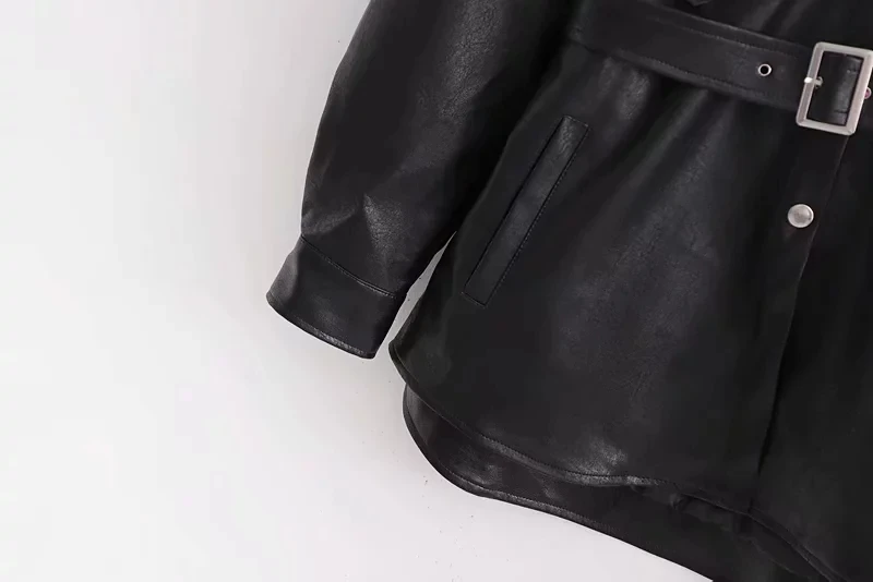 Осенние черные Куртки из искусственной кожи, Женская куртка-бомбер на молнии, мотоциклетная куртка, Уличная Повседневная куртка с поясом, базовая байкерская куртка из искусственной кожи