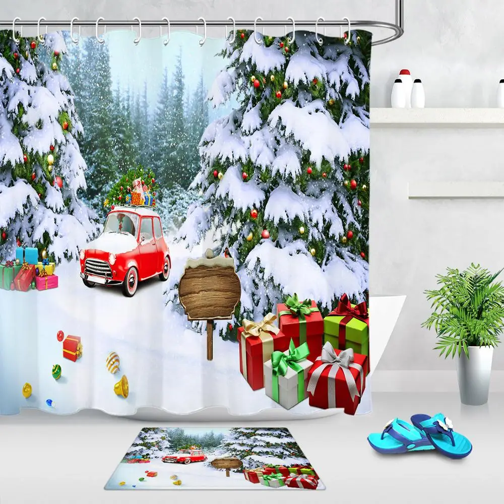 Curtain and Mat Red Truck Shower Curtain Christmas Tree Snowing Bath Curtain Waterproof Polyester For Bathroom with 12pcs Hooks And Mats Rugs - Цвет: Curtain and Mat