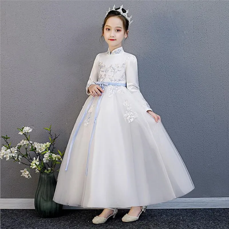 Платье принцессы с длинными рукавами; кружевное детское платье с цветочной вышивкой для девочек; праздничное платье для дня рождения; vestido infantil