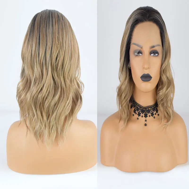 Bombshell, черные корни, Омбре, Микс, блонд, короткая волна, Боб, синтетический, 13*4, на кружеве, парики, жаропрочные волокна, волосы для белых женщин