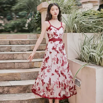 

Women Two Wear Mesh Long Dress High Quality Summer 3D Butterfly Embroidery Spaghetti Strap Dress Sexy Floral Holiday Swing Dress