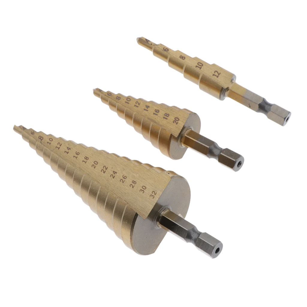 3 Pieces Titanium Coated HSS Step Drill Bit Set Hex Shank Kit for Iron Plate, Aluminum, PVC Board 4mm to 32mm