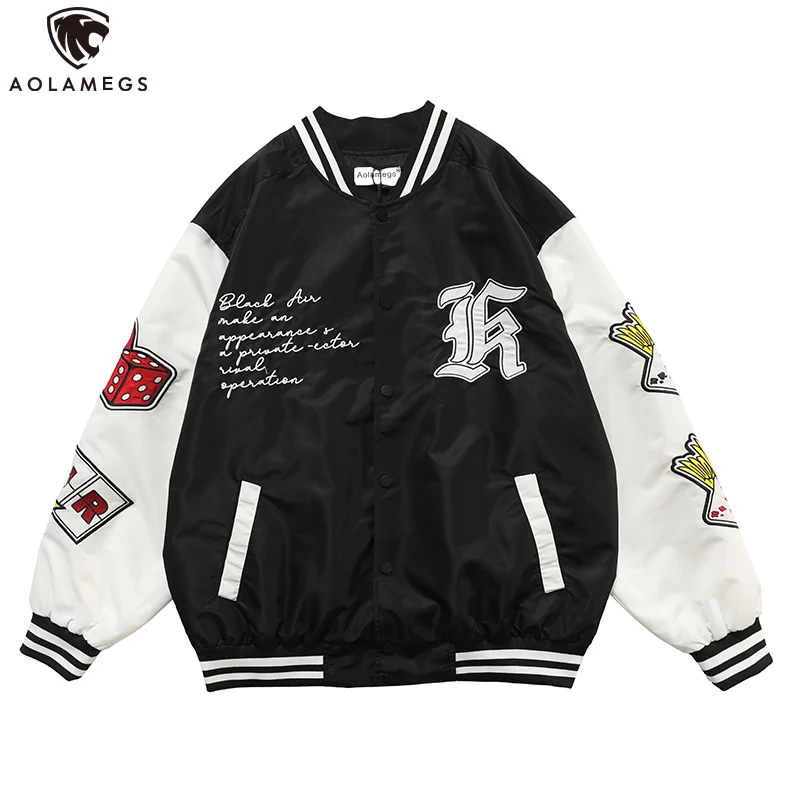 Aolamegs Hip Hop Jackets Men Funny Poker Letter Embroidery Patchwork Baseball Jacket Tracksuit Coats Baggy Couple Streetwear men Aolamegs Hip Hop Jackets Men Funny Poker Letter Embroidery Patchwork Baseball Jacket Tracksuit Coats Baggy Couple Streetwear men