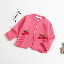 Пальто-Свитер хлопковый милый однотонный вязаный кардиган с вишнями для маленьких девочек на осень и зиму
