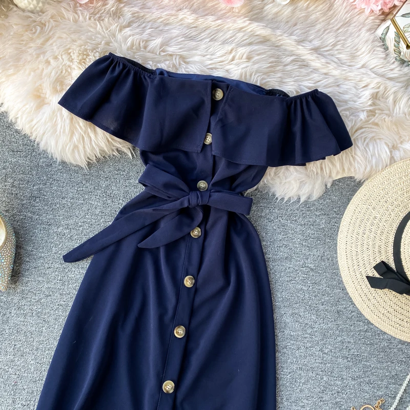 Boho, винтажное, с пуговицами, с оборками, сексуальное, с открытыми плечами, Бандажное, миди, длинное платье, летние, вечерние, для женщин, для пляжа, ТРАПЕЦИЕВИДНОЕ, элегантное, платье-туника
