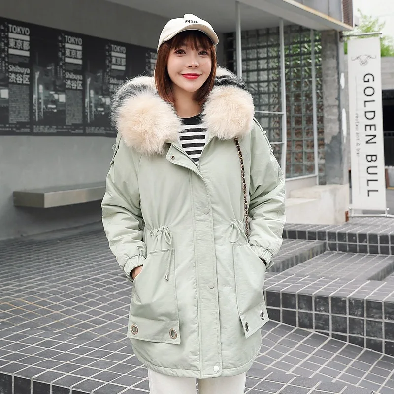 

Cotton-padded Clothes Women's 2019 New Style Korean-style Mid-length plus Velvet nei dan mian fu da Fur Collar Versatile Student