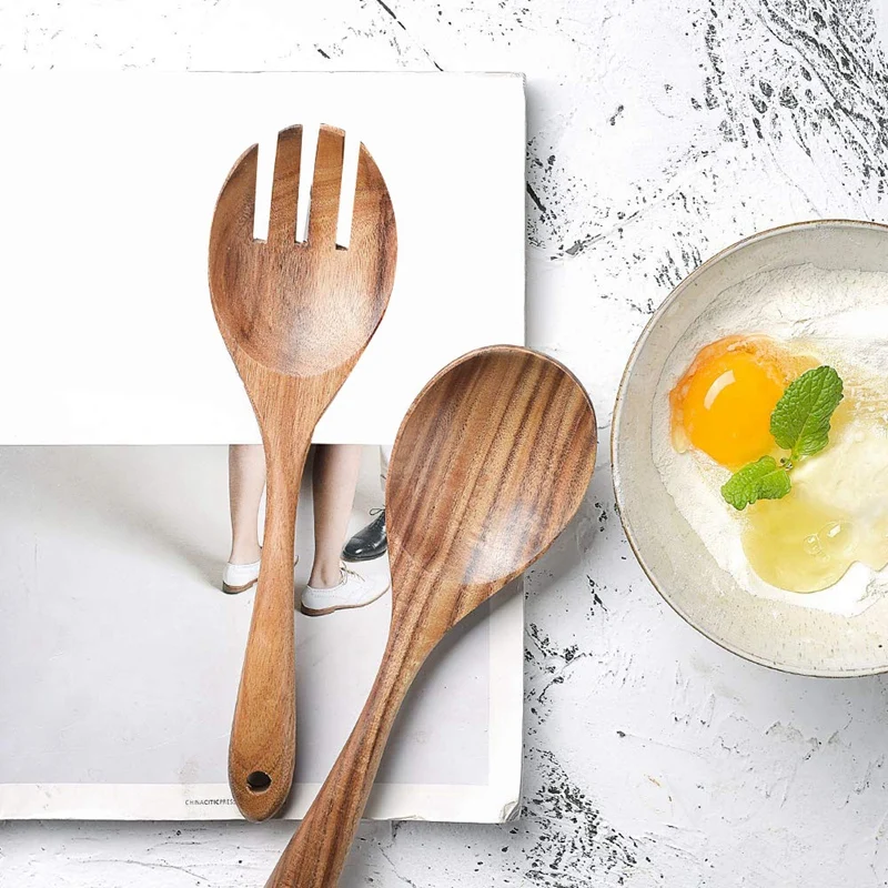 

Hot Sale Wood Acacia Salad Servers for Nonstick Cookware Kitchen Wooden Baking Salad Making Server,2 Pieces