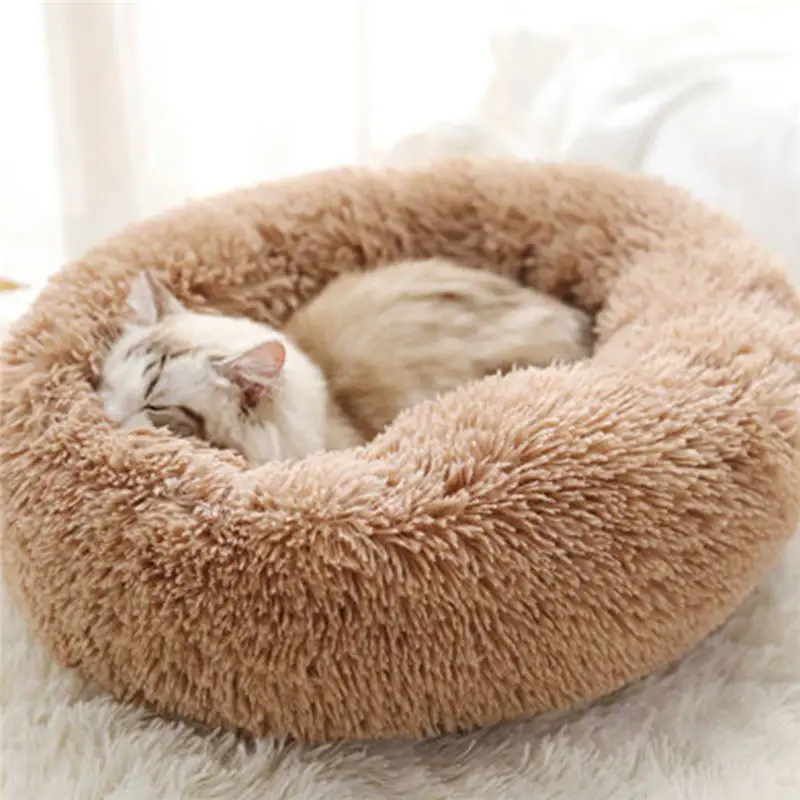 Rice brown Round Plush Cat Bed House Soft Long Plush Cat Bed Best Pet Dog Bed For Small Dogs Cats Nest Winter Warm Sleeping Bed Puppy Mat - Color: Rice brown