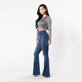 

High Waist Jeans Women Autumn Elastic Plus Loose Denim Pocket Straight Line Button Casual Boot Cut Pant Flare Jeans Femme E21