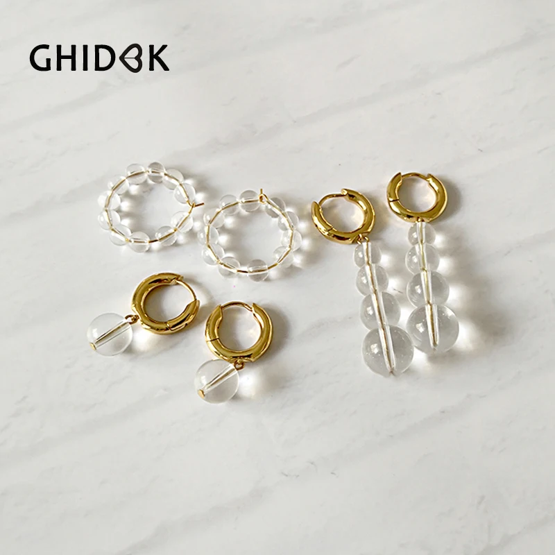 

GHIDBK Simple Dainty Long Glass Beads Hoop Earrings Minimalist Handmade Beaded Circle Earring Chunky Earring with One Glass Ball