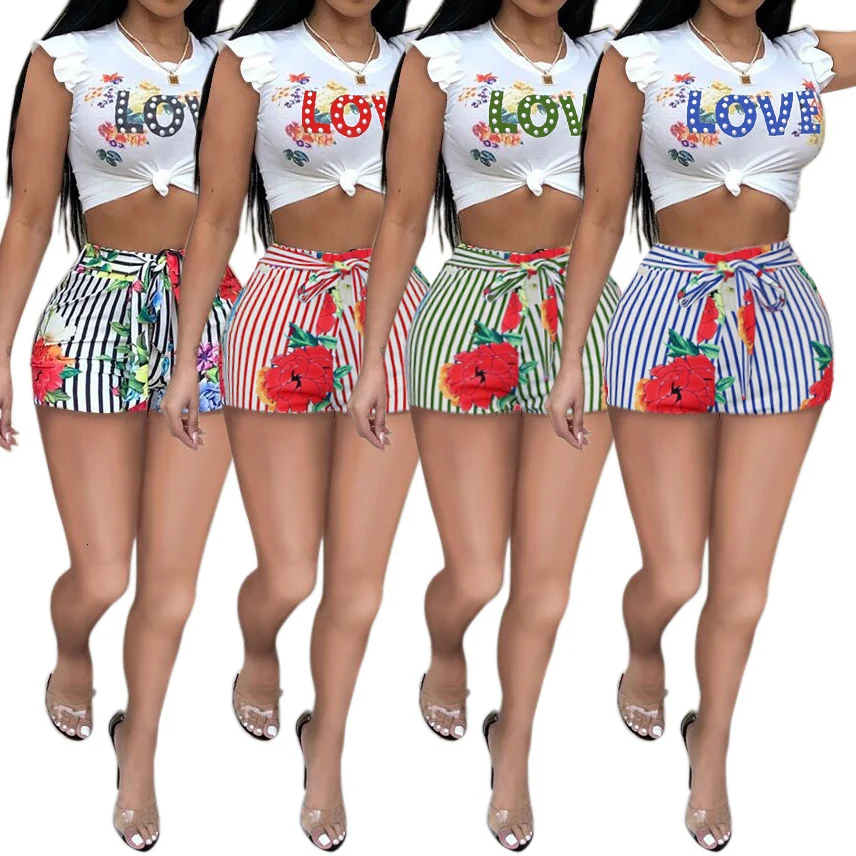 2018-Two-Piece-Set-Women-Love-Print-Casual-Tracksuit-Sleeveless-Tops-And-Striped-Short-Matching-Suits (4)