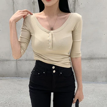 AOSSVIAO-قميص رقيق للنساء ، بلوزة قصيرة ، تي شيرت نحيف ، زر علوي ، أبيض وأسود ، أحادي اللون ، غير رسمي وكوري 3