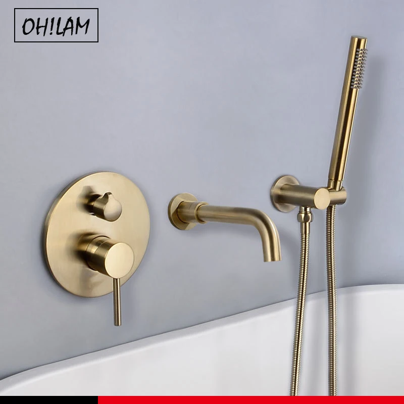 Золотая латунная настенная Скрытая Душевая система Смесители для ванны с одной
