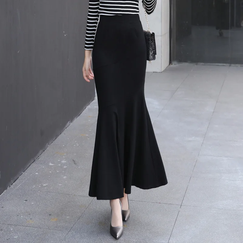 Black skirt Весна осень Вязаная длинная юбка женская рыбий хвост юбка хорошего стрейчевого размера плюс S-5XL Русалка труба имперский Высокая талия B90592 - Цвет: Black skirt