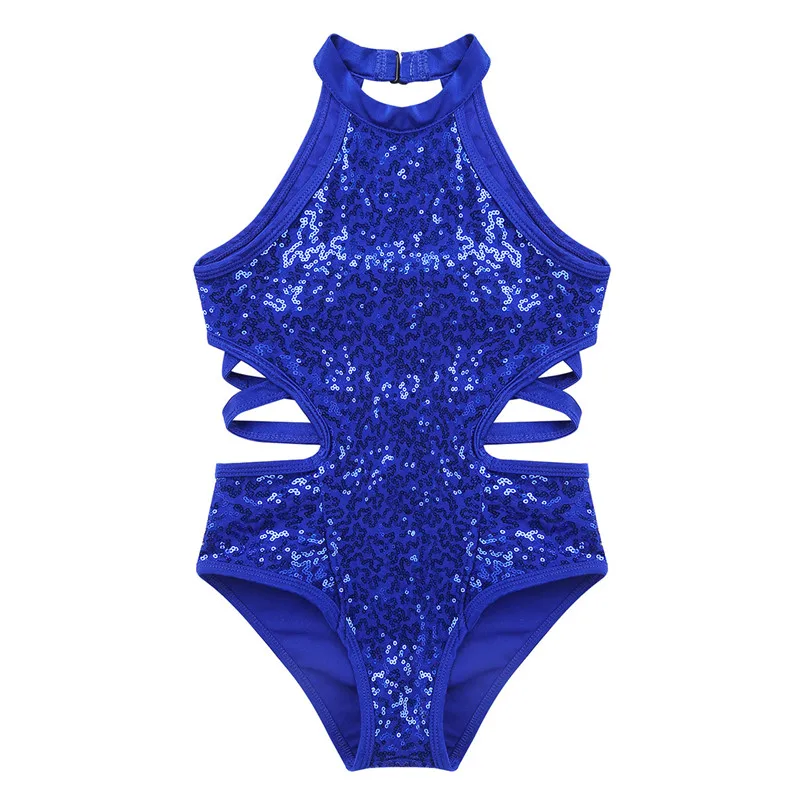 Kids Girls Gymnastics Leotards Child Sparkly Sequins Dancewear Sleeveless Cutouts Back Strappy On Waist Ballet Dance Jumpsuit Children Dance Leotards Gymnastics Dancewear Sets