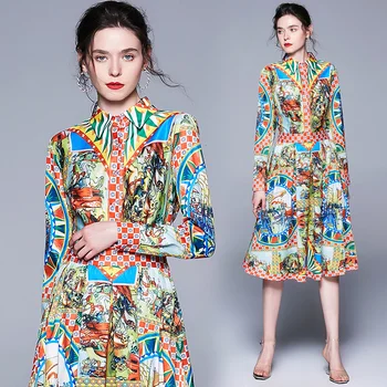 

Yocalor 2019 Fashion Chic Dress Women's Long Sleeve Turn-down Collar Elegant Fig Printed Midi Slim Casual Dress Vestidos
