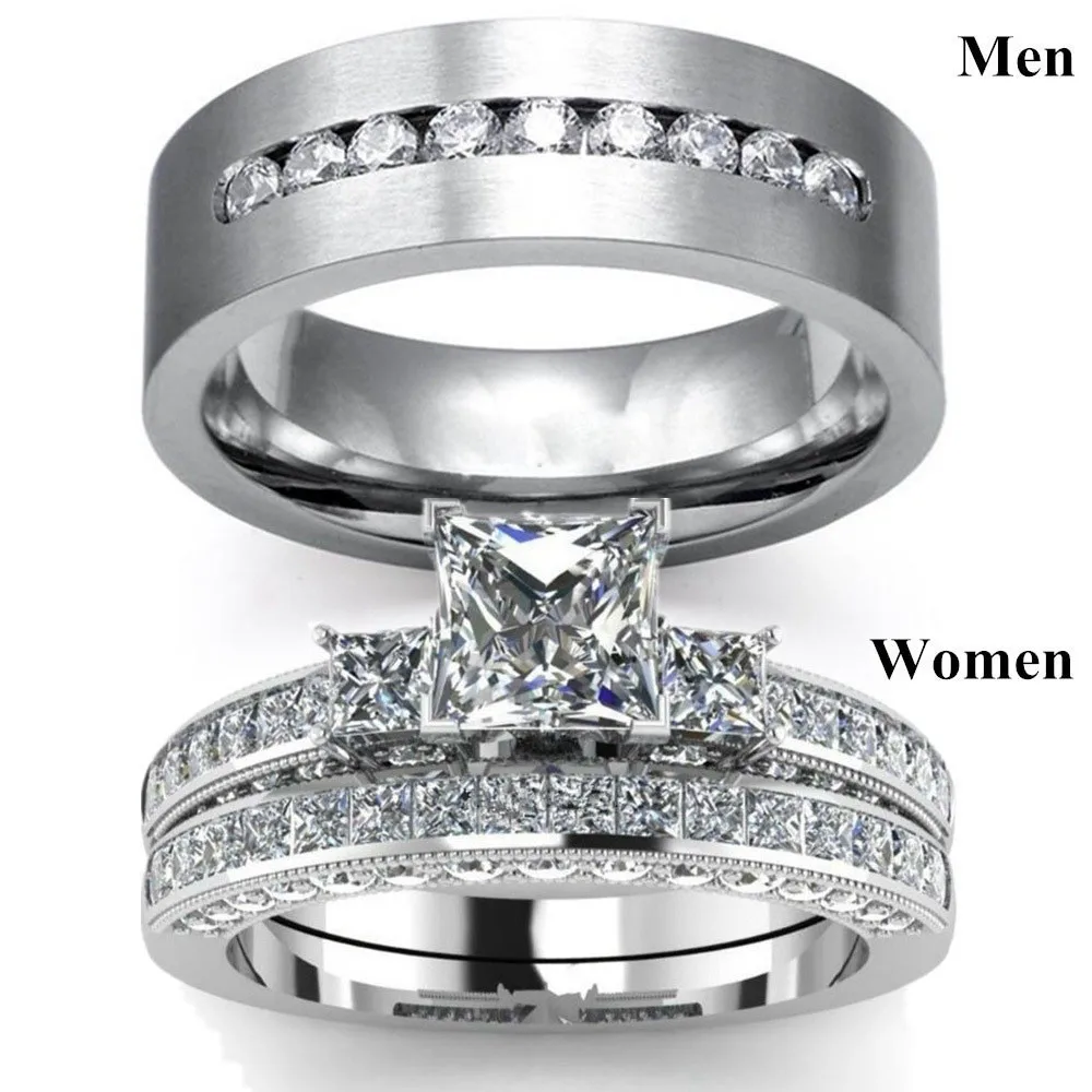Princess Cut Cubic Zirconia Classic Wedding Rings for Women Men Stainless Steel Couple Band Anniversary Personalized Lovers Gift