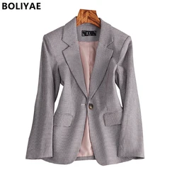 Boliyae blazers para mulher houndstooth verificar casaco primavera outono casual moda ternos jaquetas escritório negócios outwear senhora do escritório