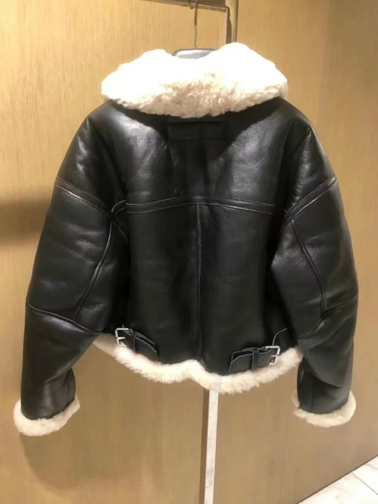 CHICEVER Patchwork Pu Jackets For Women Loose Fur Lapel Long Sleeve Thick Short Tops Casual Plus Size Coats Female 2021 Winter