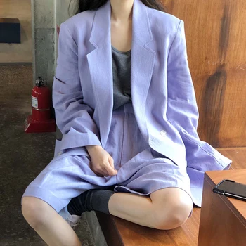 

Korean Style Women's Sets Summer New 2020 Long Sleeve Suit Jacket Cotton Casual High Waist Shorts Two Pieces Female