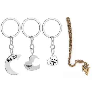 

3Pcs Big Sis Middle Sis Little Sis Love Heart Silver Alloy Pendant Keychain & 1x Alloy Bookmarks Fairy Pattern Pendant