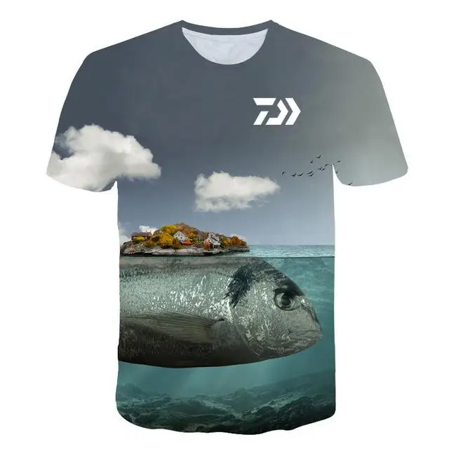 New T Shirt Summer Man Short Sleeve Fishing Clothing Outdoor Sport Breathable Fishing Clothes Men Beach Printed T-shirt Top - Color: E