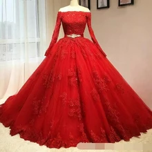 Ho vestido debutante нежное красное бальное платье Бальные платья с открытыми плечами Длинные рукава Кружева Аппликация Сладкий 16 платье для выпускного вечера