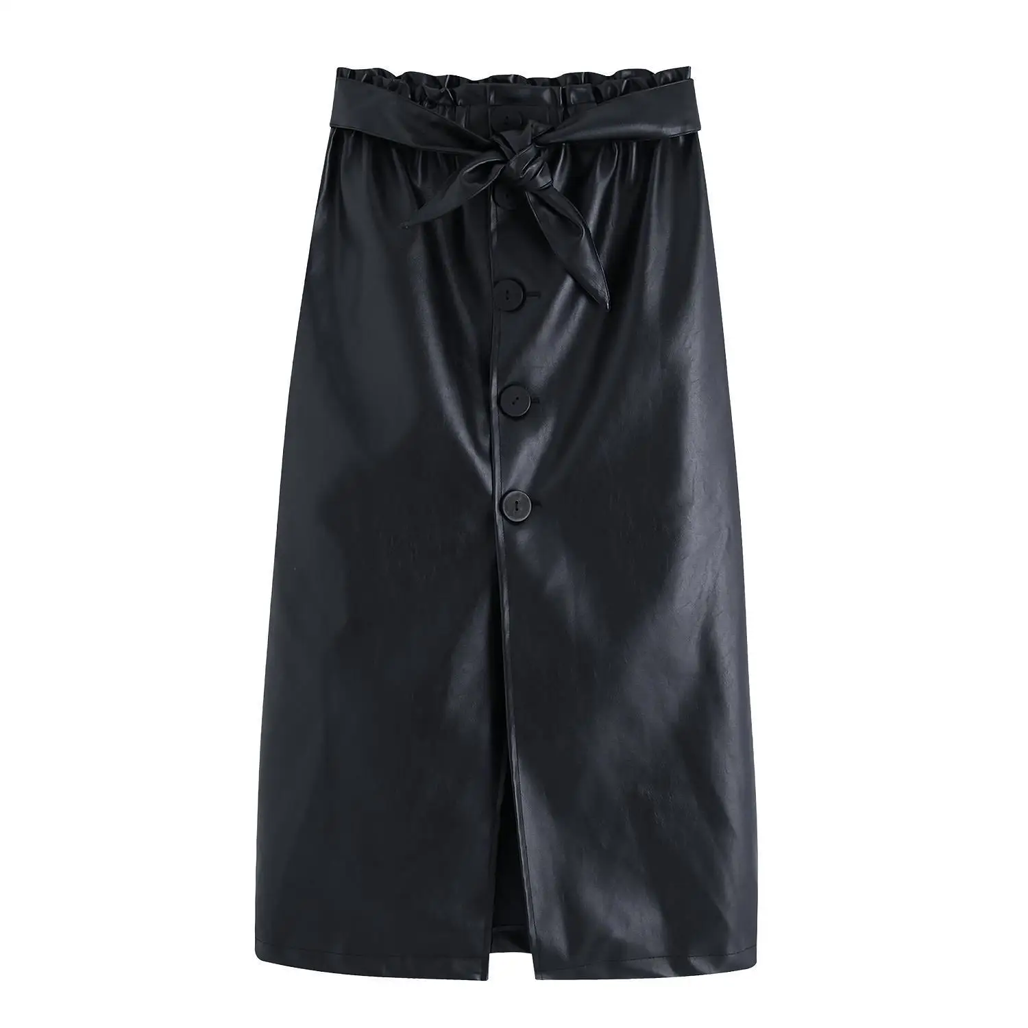 

Bonjean Women Chic PU Leather Midi Skirt Belt Design Side Zipper Female Casual Basic Fashion Mid Calf Skirts Mujer