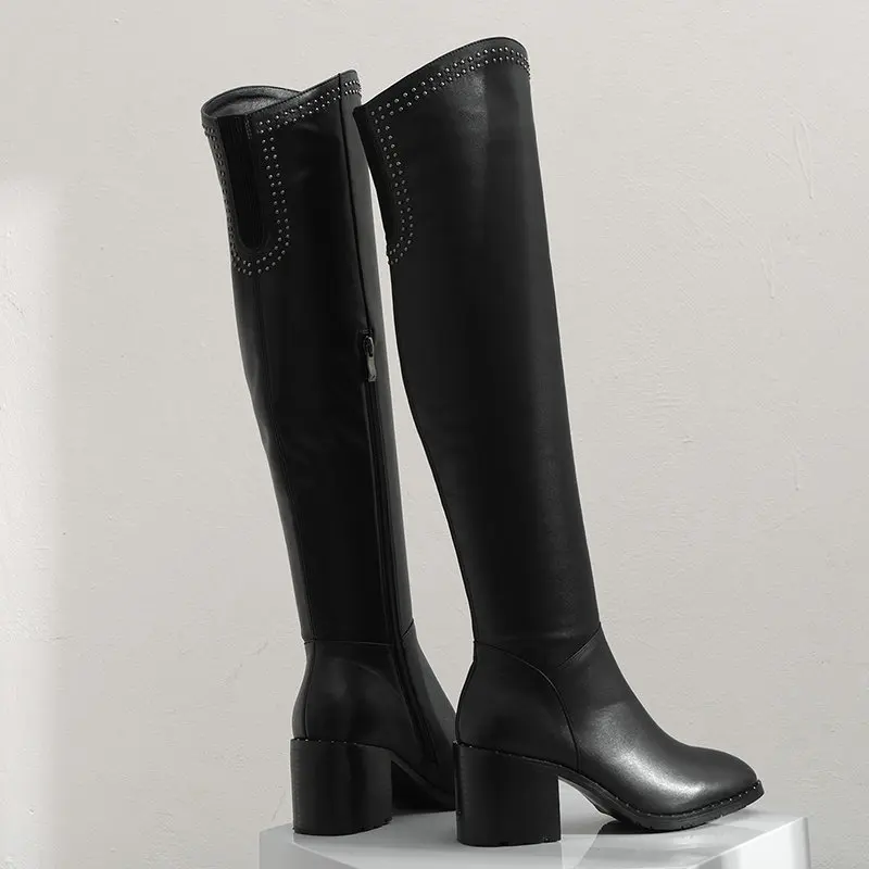 Boots Women genuine Leather knee High Boots Chunky High Heels Knee High Boots Autumn Winter party dress shoes woman
