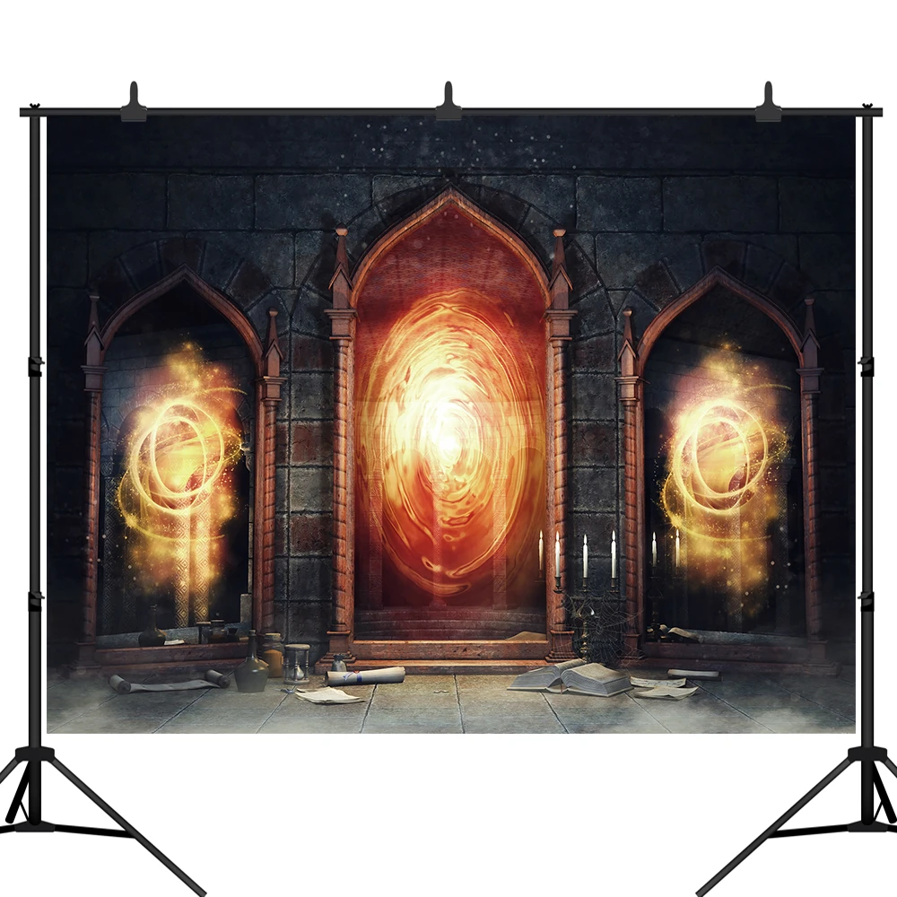 

Halloween Photography Background Dark Chamber Magic Books Backdrop Candle Castle Arch Door Photo Portrait Shoot Prop