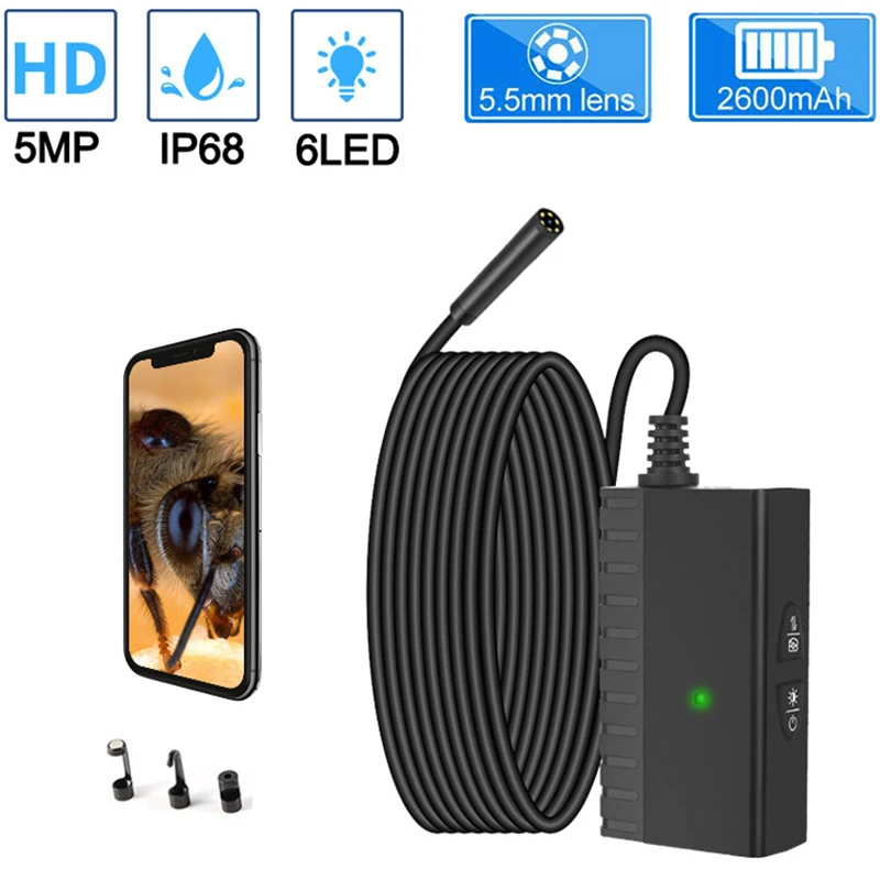 Cámara endoscópica de serpiente boroscopio WiFi HD de 5,5 MM, cámara de endoscopio de 5MP, inalámbrica, IP68, impermeable, cámara de inspección con batería de 2600mAh