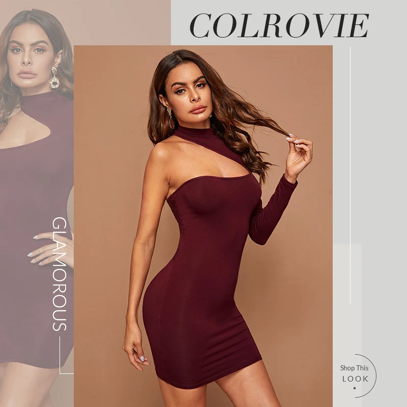COLROVIE бордовое асимметричное облегающее платье на одно плечо женское однотонное мини-платье с длинным рукавом осенние элегантные платья карандаш