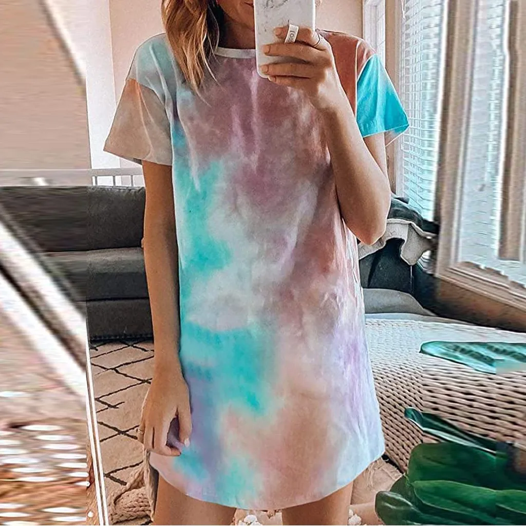 Женское платье рубашка с принтом Tie dye Повседневная Свободная ночная коротким