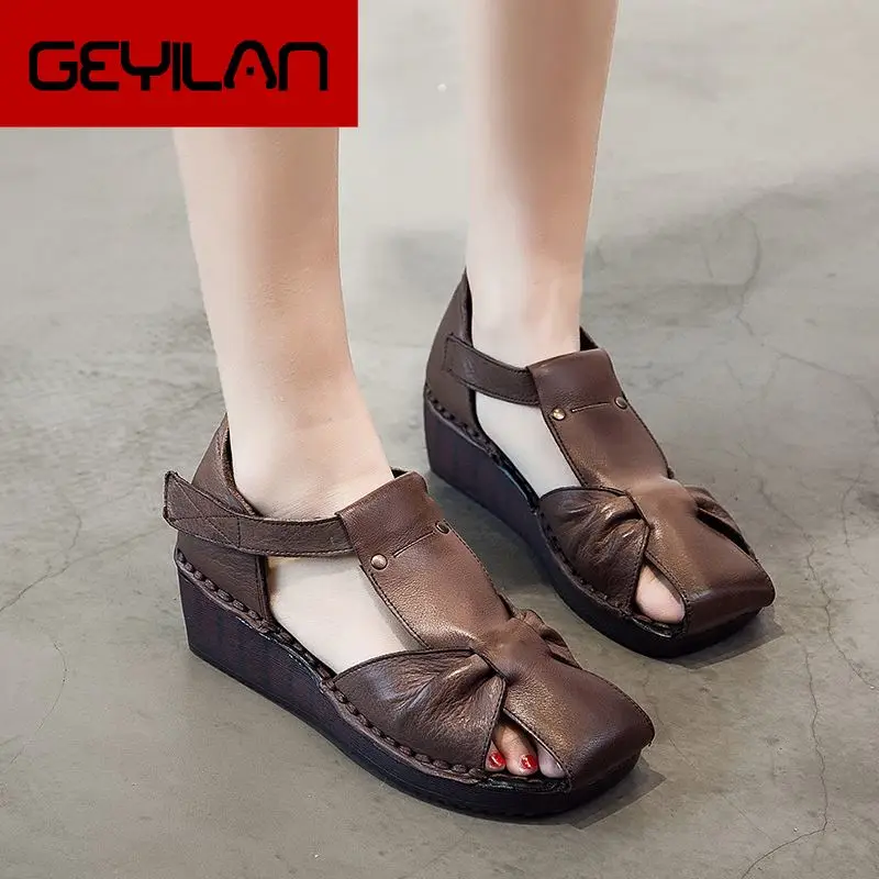 

Summer Women Shoes Retro Wedges Sandals Handmade Genuine leather Closed Toes Sandals Comfortable Rome Sandals