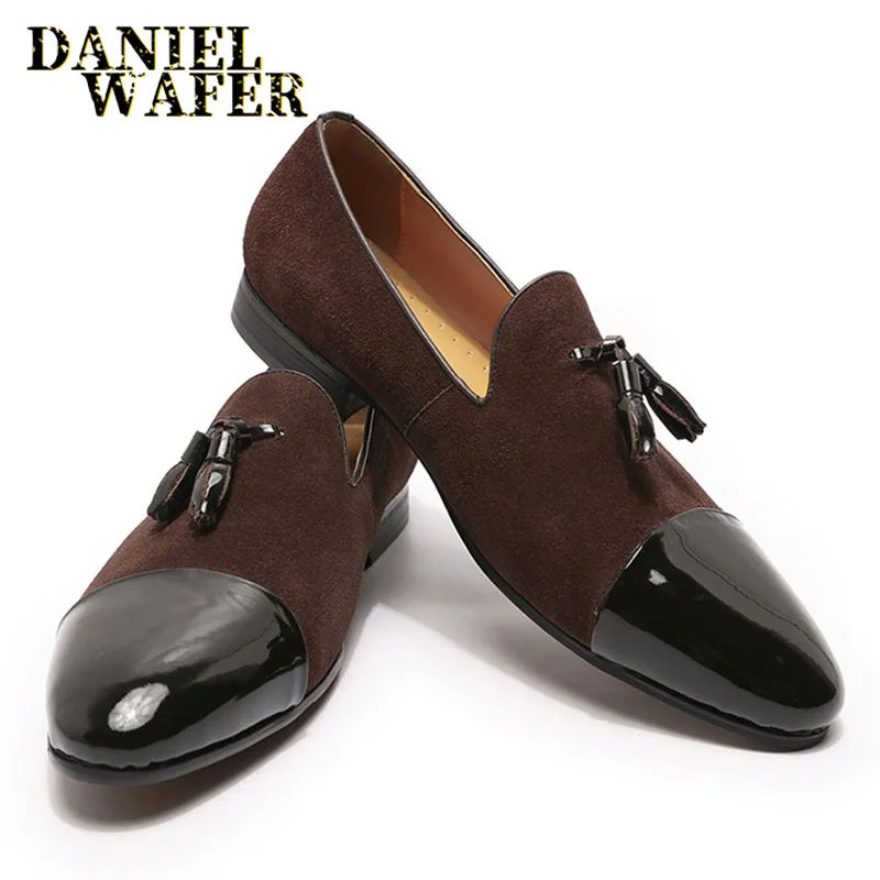 

LUXURY LOAFERS ELEGANT MEN DRESS WEDDING OFFICE SHOES SUEDE PATCHWORK PATENT LEATHER SLIP ON TASSEL LOAFER FOR MEN CASUAL SHOES