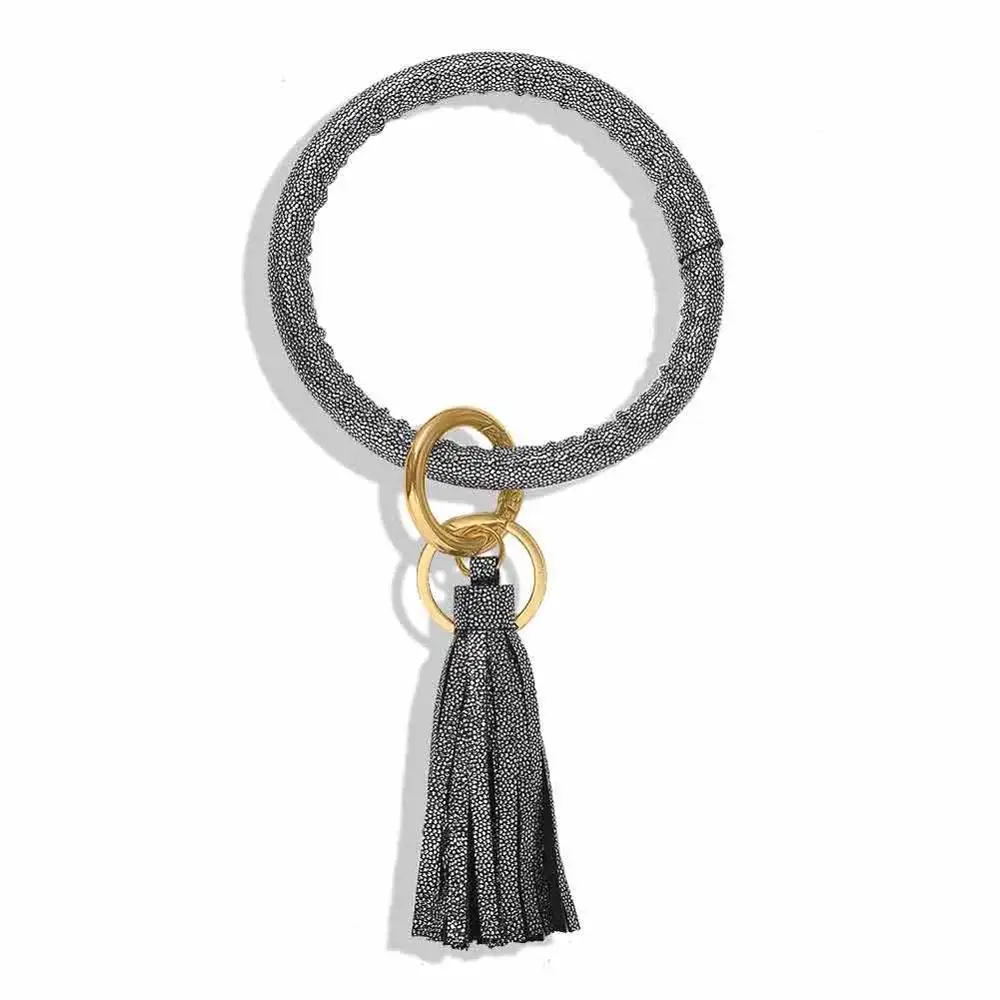 Dvacaman New Fashion Multi-Color Tassel Keychain Enamel PU Leather O Key Chain Monogram Circle Wristlet Keychain For Women Girls - Цвет: 17