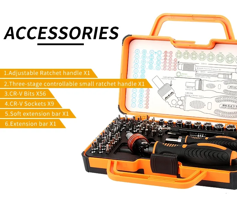 JAKEMY JM-6111 69 in 1 DIY Hand Tool Set 180 Degrees Ratchet Screwdriver with Chrome Vanadium Bits Home Tools