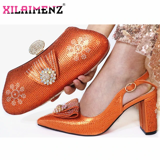 Naranja nueva elegante otoño Mujer Zapatos fiesta y bolsa Set fiesta estilo