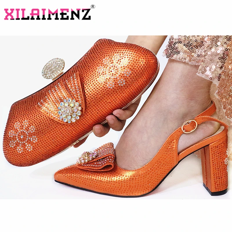 

Orange Color New Fashion Elegant Autumn Women Party Shoes And Bag Set For Party African Style High Heel Sandals And Bag Set