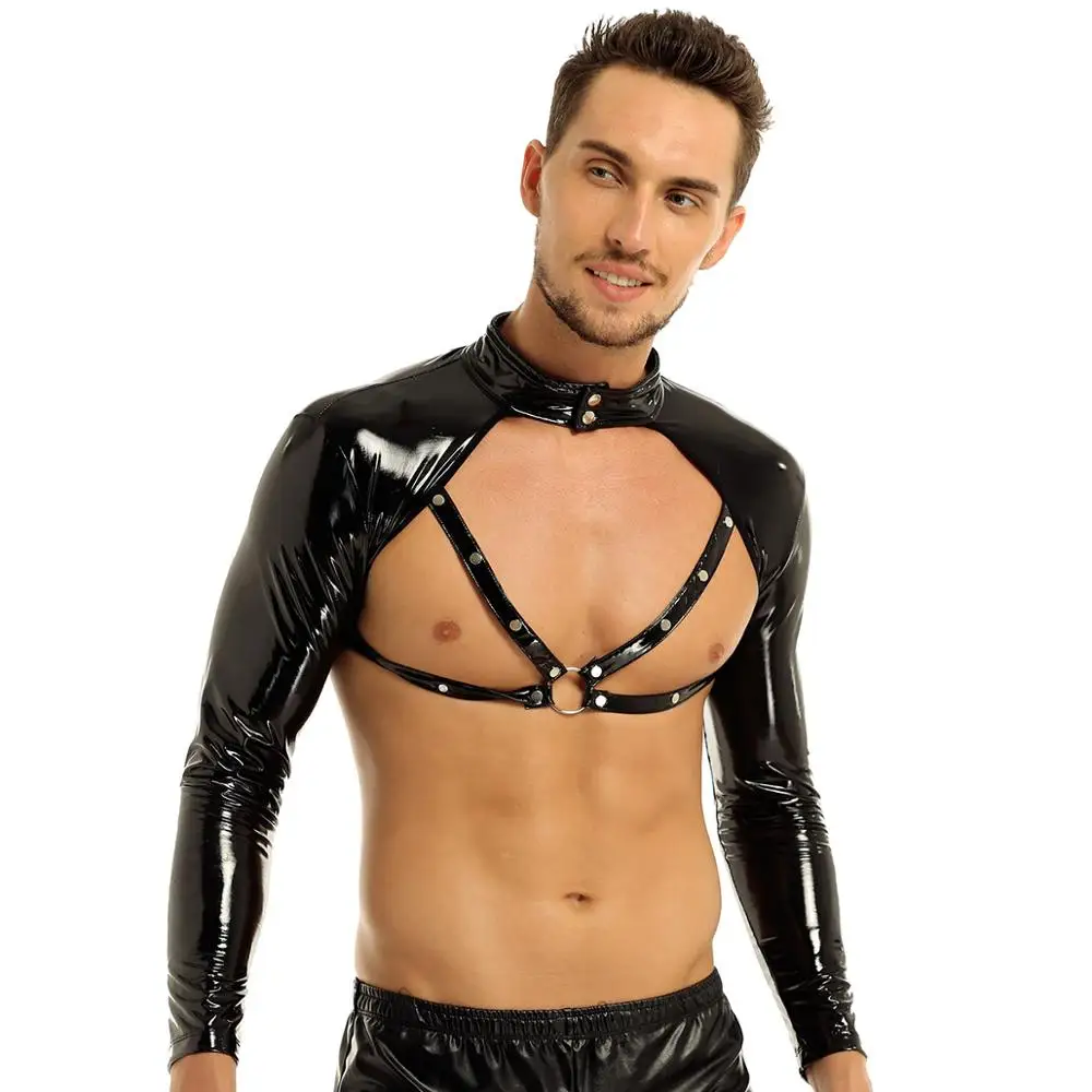 Najtaniej Brand New Mens Wetlook z długim rękawem stojak kołnierz nabijane mięśnie O Ring przód pół seksowny top klub nocny Clubwear kostiumy