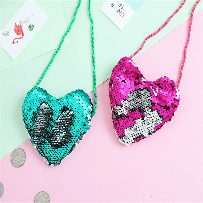 Fashion Baby Girl Princess Heart Shape Bags Shoulder Paillette Bag Crossbody Heart Mini Bags Kids Colorful Luxurious Wallet