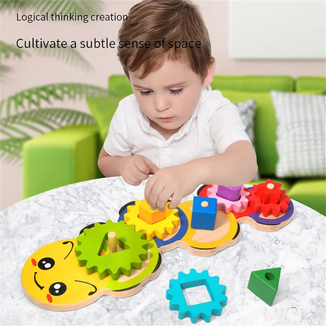 New Caterpillar Shaped Gear Rotating Wooden Toy Creative Children's Color Cognition Column Matching Parent Child Interactive Toy 1