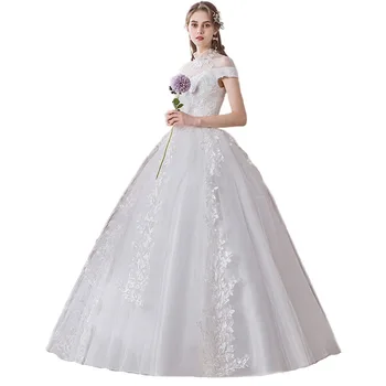 

2020 Lasted Design Ball Gown Short Sleeves Wedding Dress Appliques Lace Bridal Gown Formal Prom High Neck Vestido de Noiva