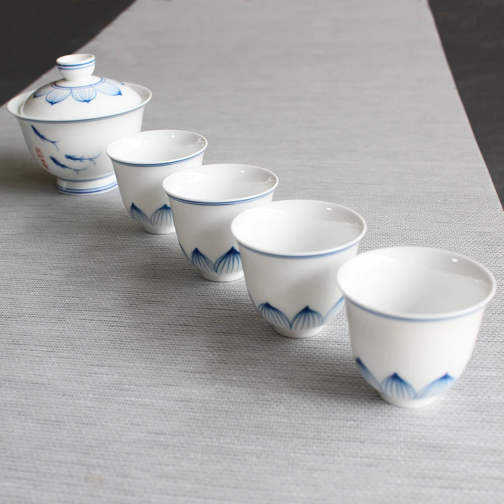 Ceramic Tea Cup Set 1 Gaiwan And 4 Cups Blue White Chinese Kung Fu Drinkware Travel Gift | Дом и сад
