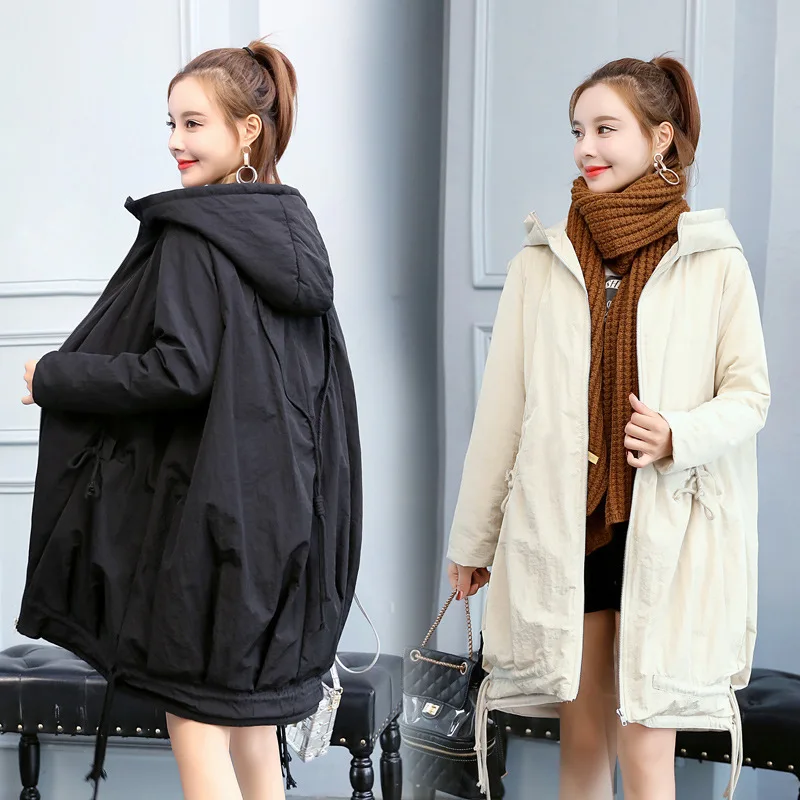 

2018 Winter New Style Cotton Coat Trend Long Sleeve Versatile Loose Version of the Solid Color Hooded Zipper Long Sleeve Cotton-