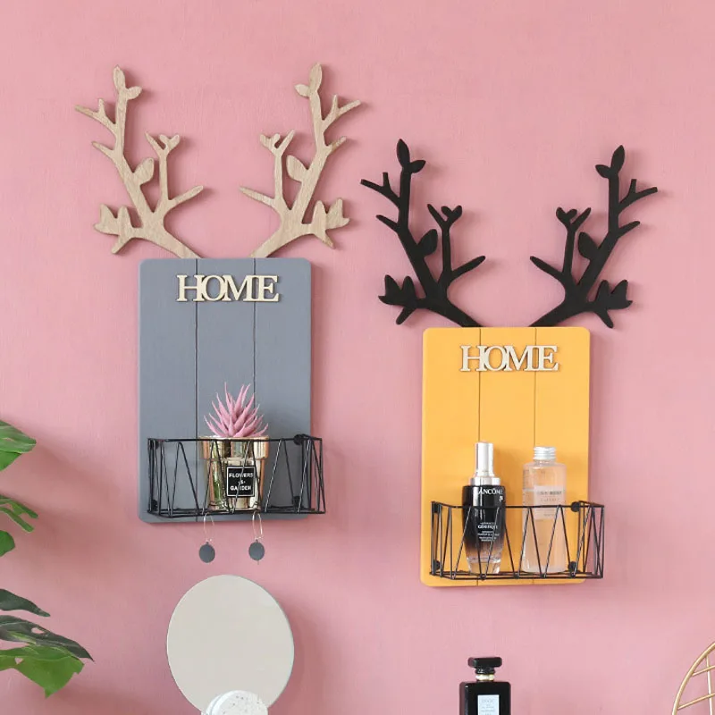 Ynaayu Creative Ins Iron Frame Antlers Wall Shelf Home Living Room Decoration Storage Finishing Grid Hanging Basket | Дом и сад