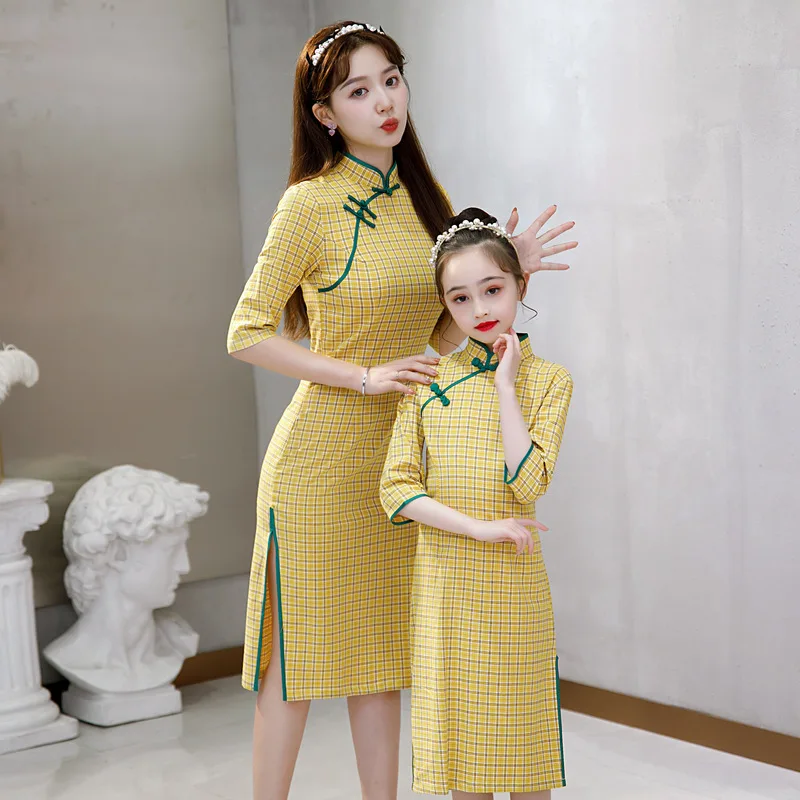 

3Colors Cheongsam For Woman Girls Chinese Traditional Plaid Dresses Parent Maching Clothing Summer