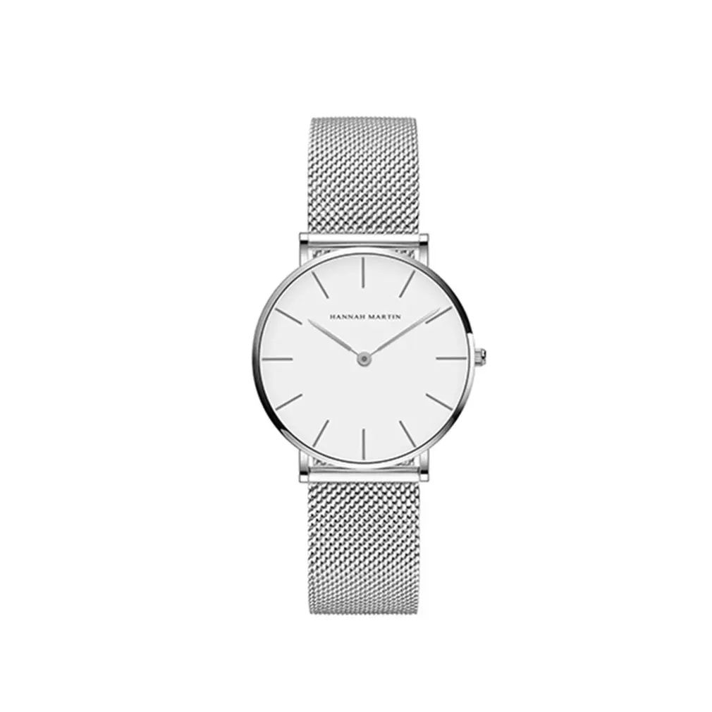 silver and white Модные женские часы из нержавеющей стали с сетчатым ремешком, кварцевые часы с круглым циферблатом, водонепроницаемые Простые повседневные наручные часы - Цвет: silver and white